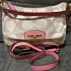 Coach Beige Signature Canvas Crossbody with Pink Leather Trim